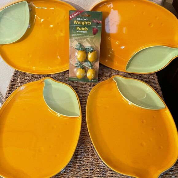 Bamboo Melamine Lemon Plate Green Leaf Side Dish & Lemon Weighted Tablecloth set - Picture 1 of 13